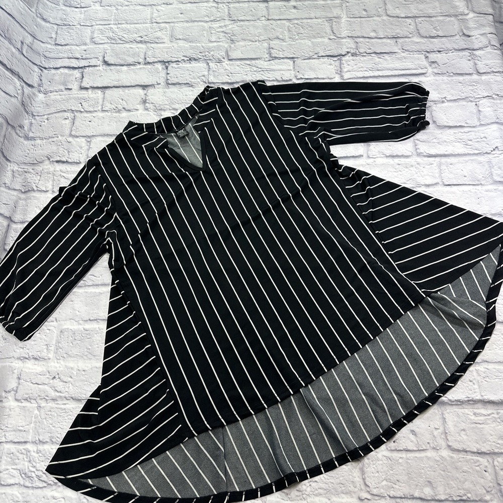 Lildy Womens Black White Striped Bishop Sleeve High Low Tunic Top Size L XL